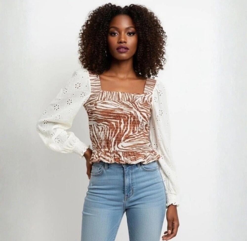 Anthropologie Love the Label Zebra Smocked Puff Sleeve Blouse - Size XS